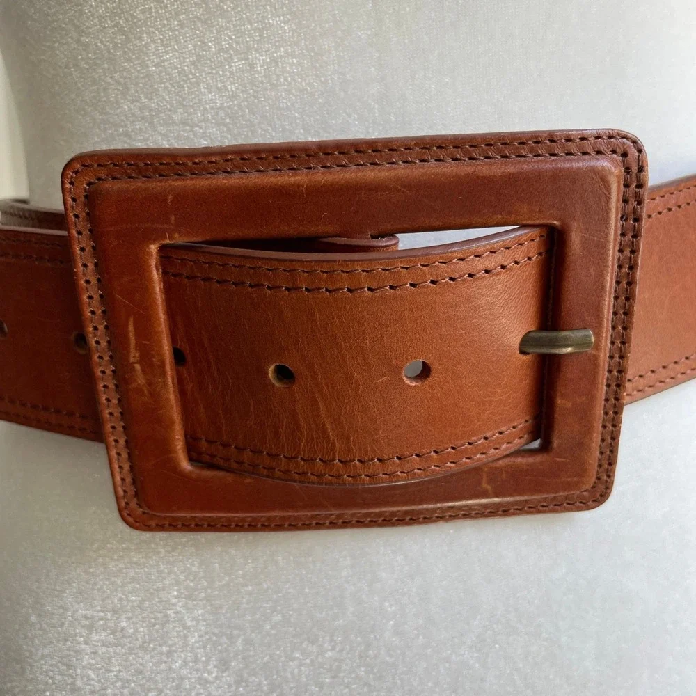 Vintage Made in Italy Wide Brown Leather Belt Square Buckle Statement Size L